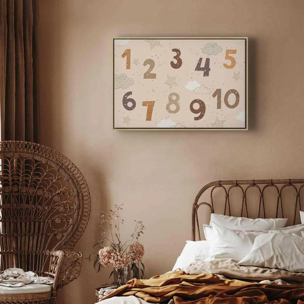Artgeist Paveikslas - Jumping Numbers - Numbers in a Subdued rusvai gelsvas-Brown Hue Among Snowflakes Stars and Clouds