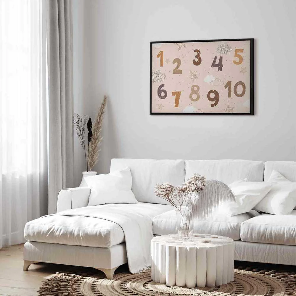 Artgeist Paveikslas - Jumping Numbers - Numbers in a Subdued rusvai gelsvas-Brown Hue Among Snowflakes Stars and Clouds