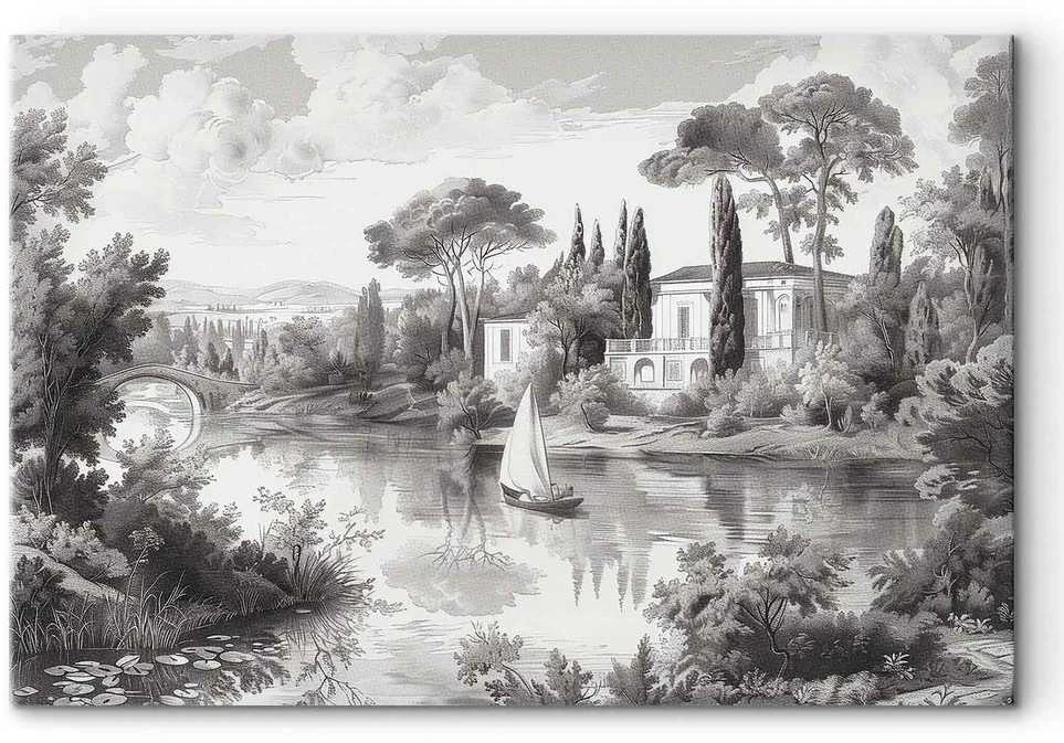 Artgeist Paveikslas - Juodas and Baltas Vintage Landscape Retro View of a Pond with a Boat