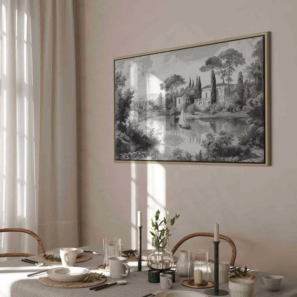 Artgeist Paveikslas - Juodas and Baltas Vintage Landscape Retro View of a Pond with a Boat