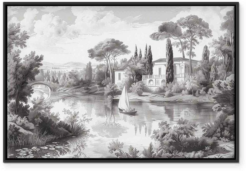 Artgeist Paveikslas - Juodas and Baltas Vintage Landscape Retro View of a Pond with a Boat