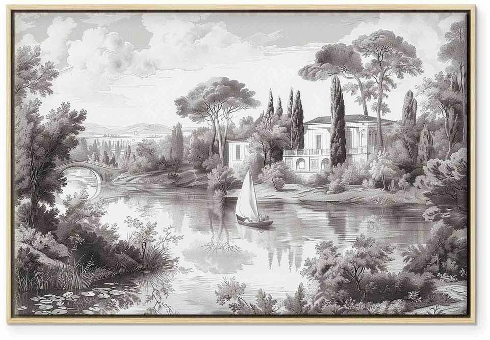Artgeist Paveikslas - Juodas and Baltas Vintage Landscape Retro View of a Pond with a Boat