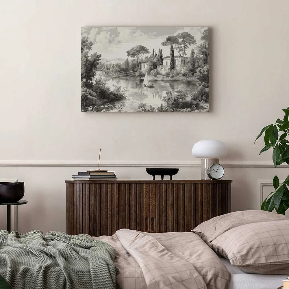 Artgeist Paveikslas - Juodas and Baltas Vintage Landscape Retro View of a Pond with a Boat