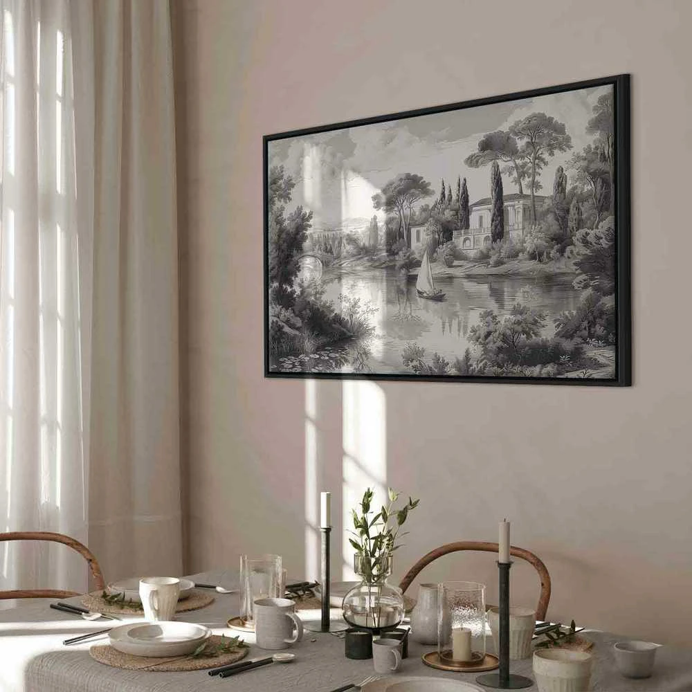 Artgeist Paveikslas - Juodas and Baltas Vintage Landscape Retro View of a Pond with a Boat