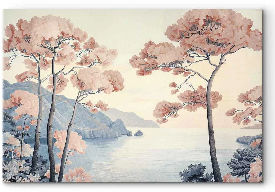 Artgeist Paveikslas - Landscape with the Ocean Cliffs and Trees in Delicate Rožinė Shades