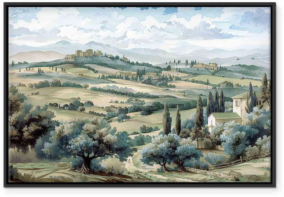 Artgeist Paveikslas - Landscape with Žalias Fields and Trees Tuscan Sunny View