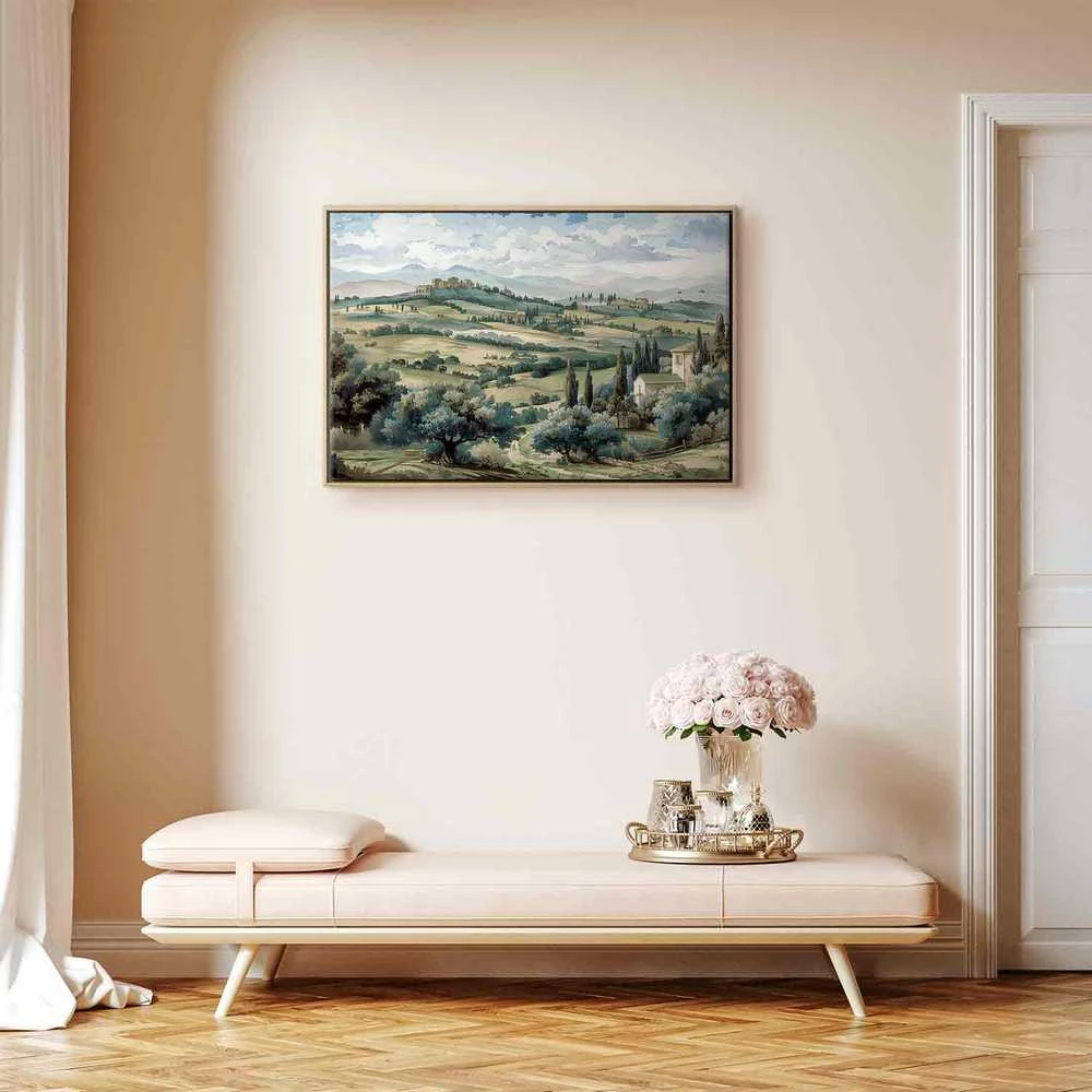 Artgeist Paveikslas - Landscape with Žalias Fields and Trees Tuscan Sunny View