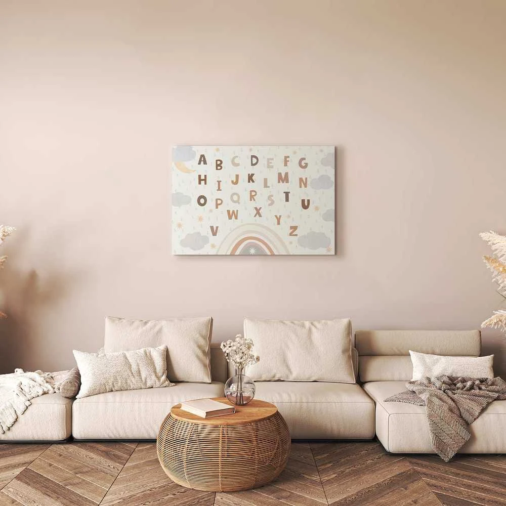 Artgeist Paveikslas - Letters Above the Rainbow - Letters Among Streams of Rain and Clouds with a Rainbow Moon and Stars on a Light Background