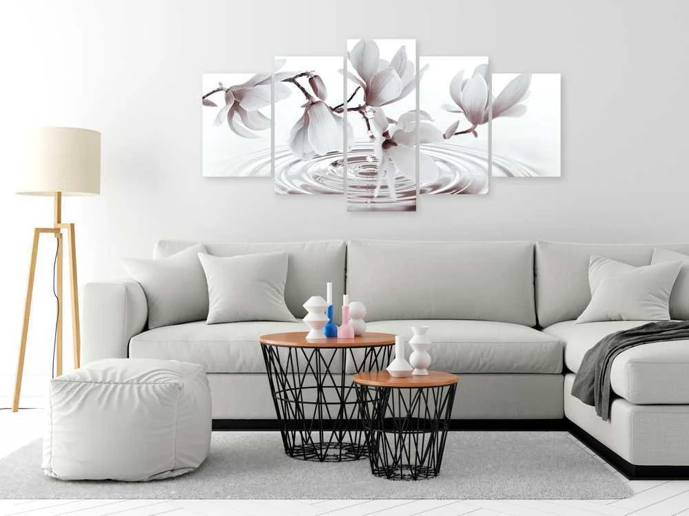 Artgeist Paveikslas - Magnolias over Water (5 Parts) Wide Pilkas