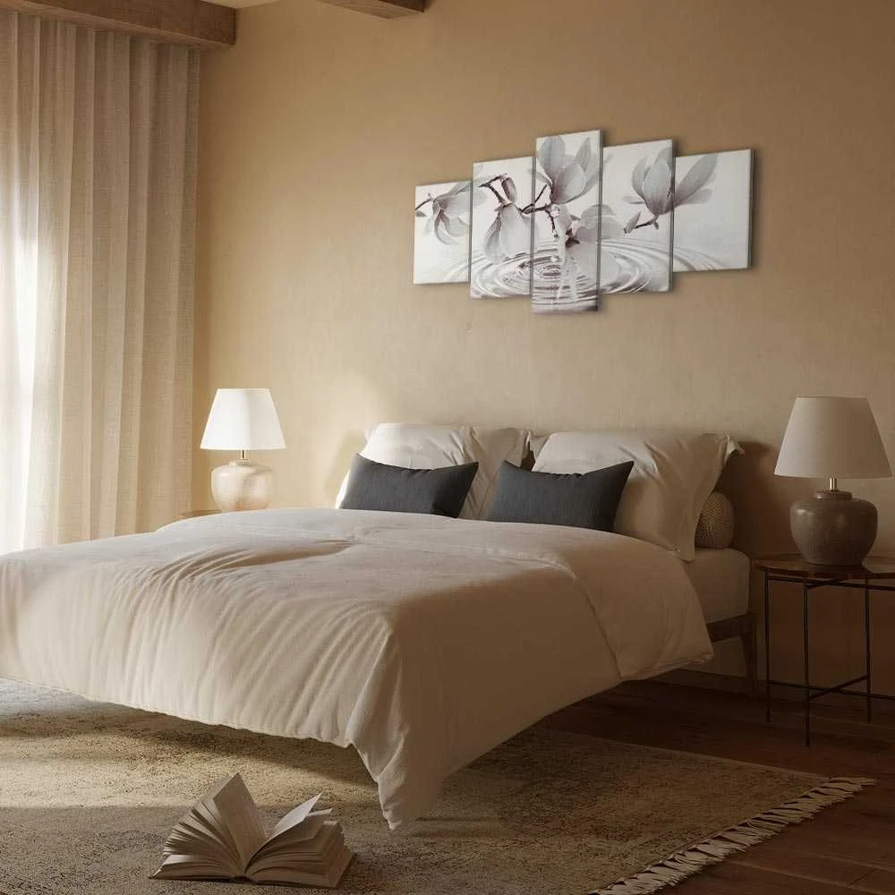 Artgeist Paveikslas - Magnolias over Water (5 Parts) Wide Pilkas