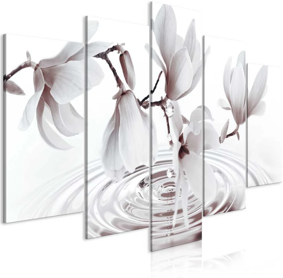 Artgeist Paveikslas - Magnolias over Water (5 Parts) Wide Pilkas