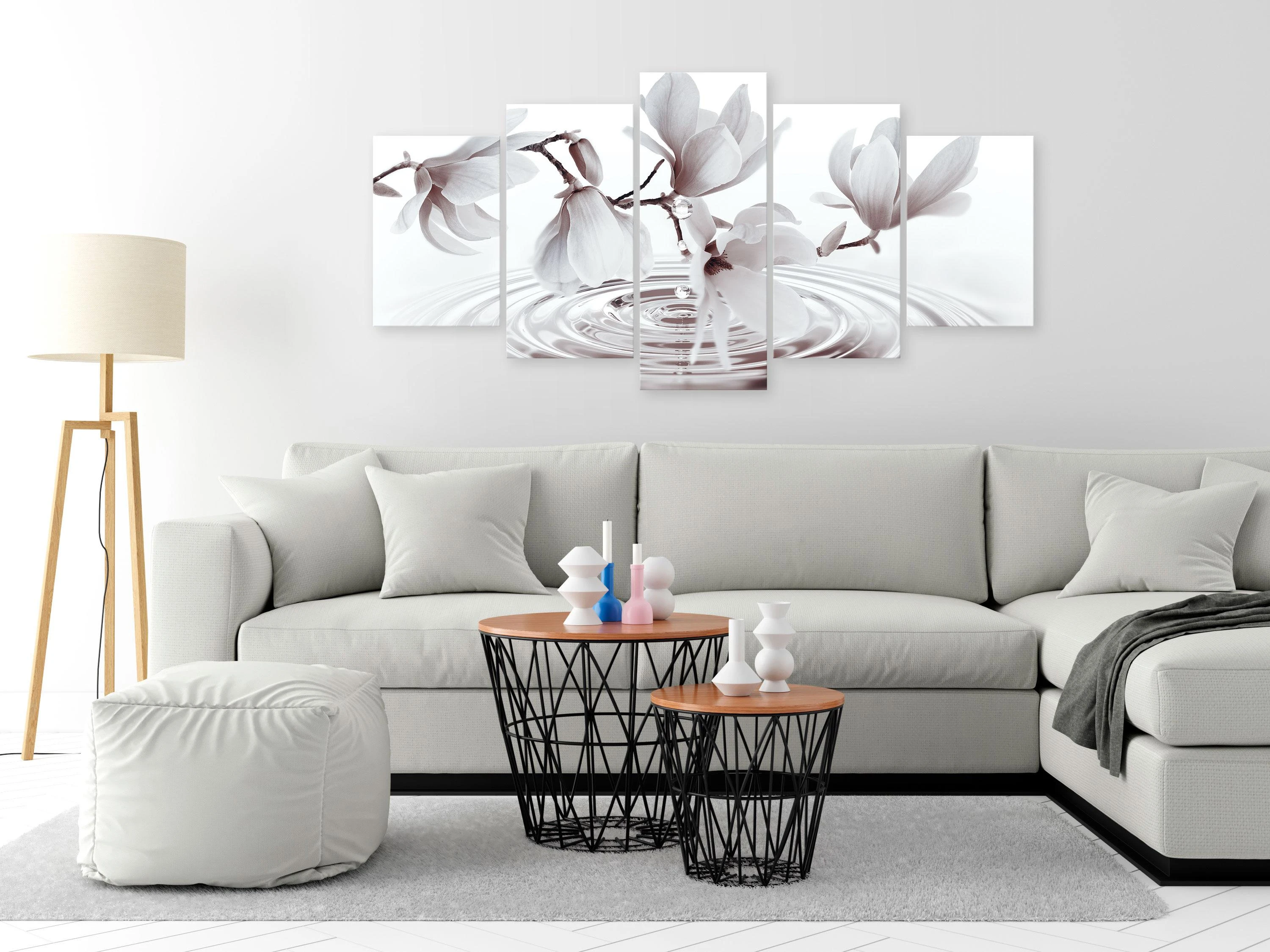 Artgeist Paveikslas - Magnolias over Water (5 Parts) Wide Pilkas