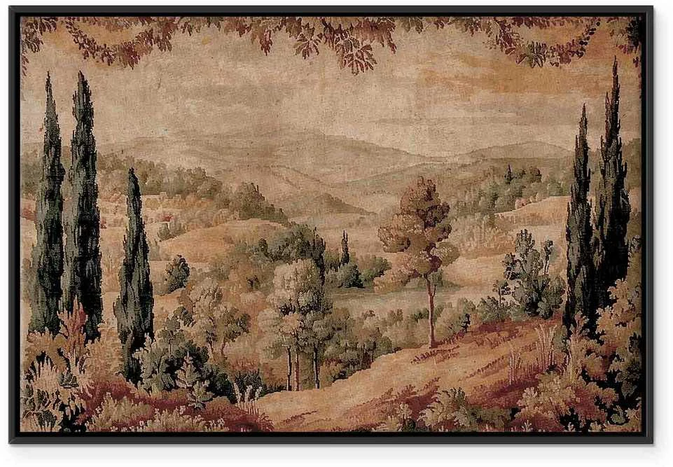 Artgeist Paveikslas - Mediterranean landscape - old tapestry with a hill and a lake