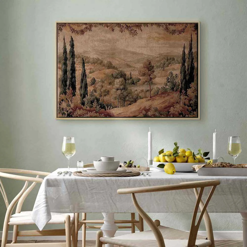 Artgeist Paveikslas - Mediterranean landscape - old tapestry with a hill and a lake