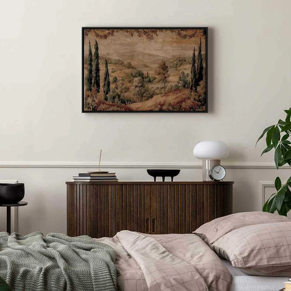 Artgeist Paveikslas - Mediterranean landscape - old tapestry with a hill and a lake