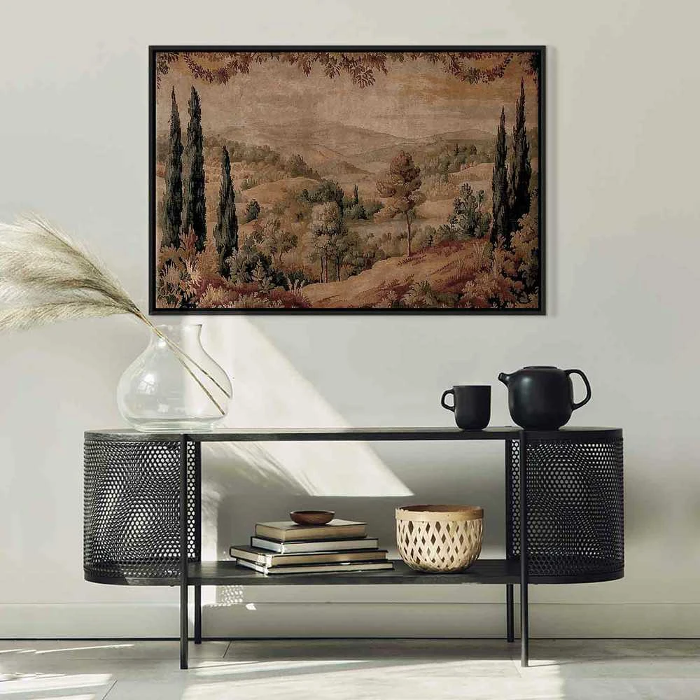Artgeist Paveikslas - Mediterranean landscape - old tapestry with a hill and a lake