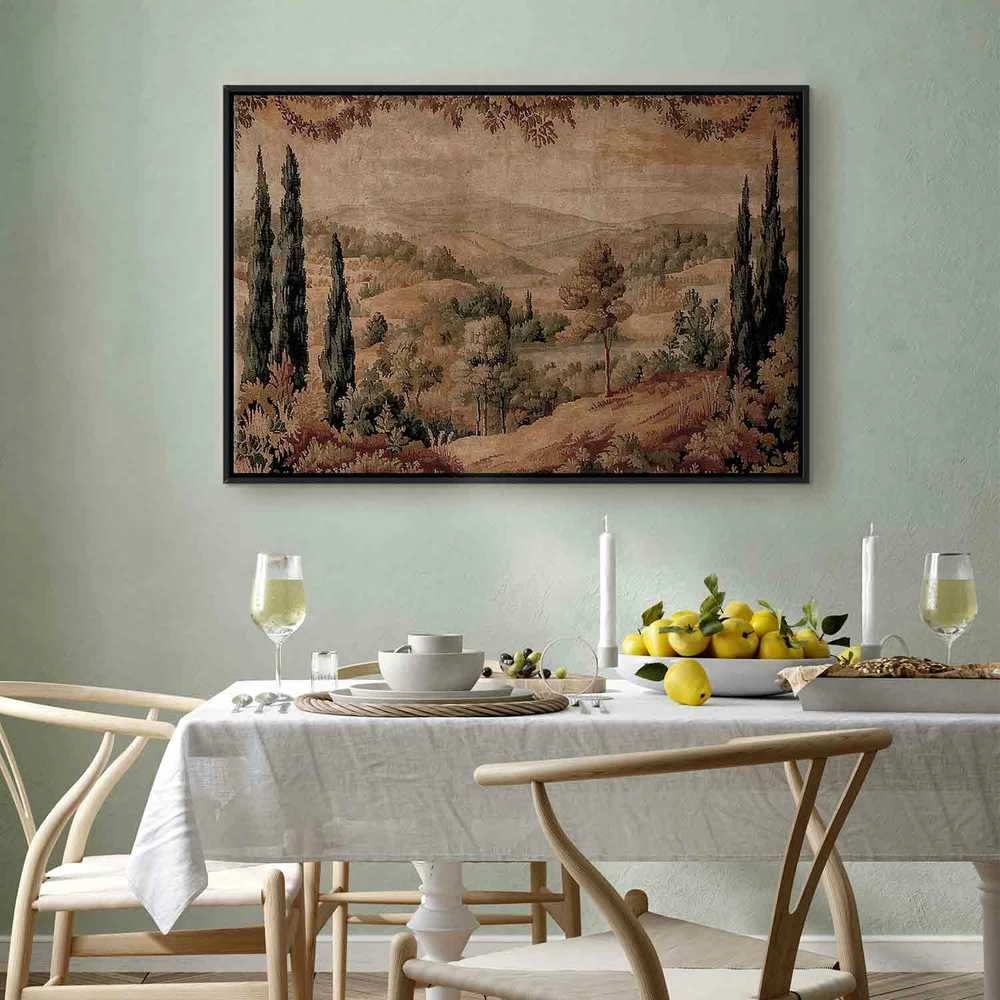 Artgeist Paveikslas - Mediterranean landscape - old tapestry with a hill and a lake