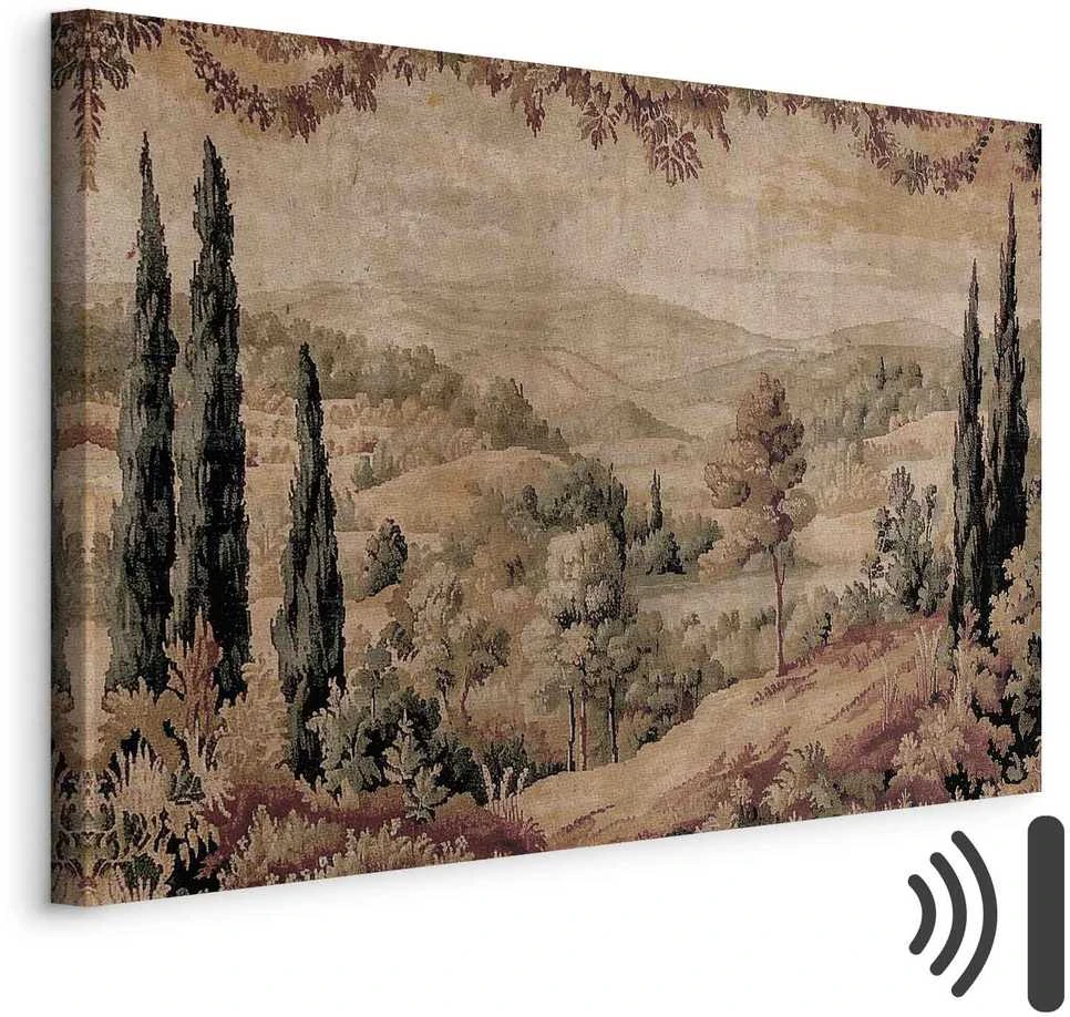 Artgeist Paveikslas - Mediterranean landscape - old tapestry with a hill and a lake