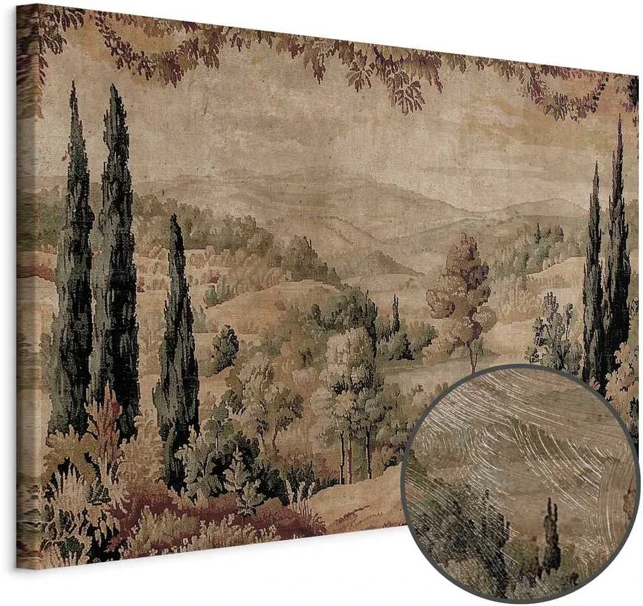 Artgeist Paveikslas - Mediterranean landscape - old tapestry with a hill and a lake
