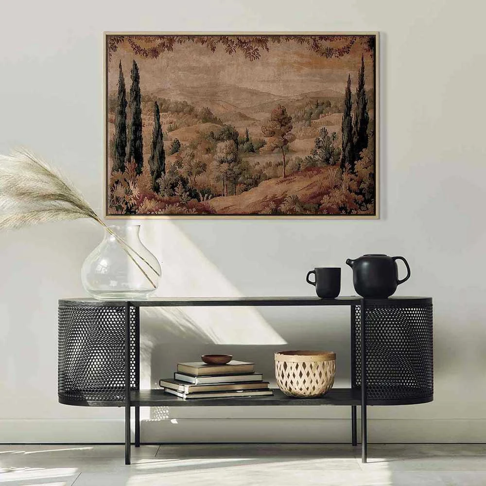 Artgeist Paveikslas - Mediterranean landscape - old tapestry with a hill and a lake