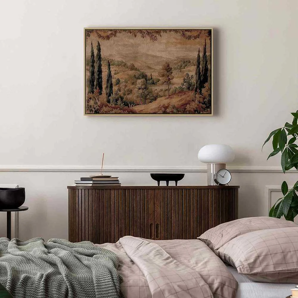 Artgeist Paveikslas - Mediterranean landscape - old tapestry with a hill and a lake