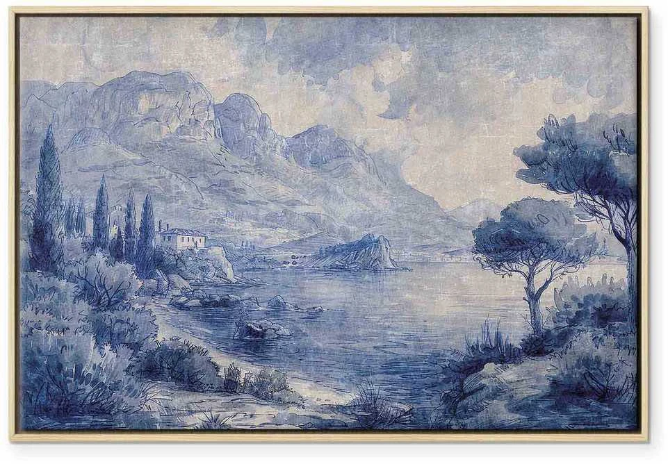 Artgeist Paveikslas - Mėlyna Bay - Italian landscape of Lake Como painted with mėlynas ink