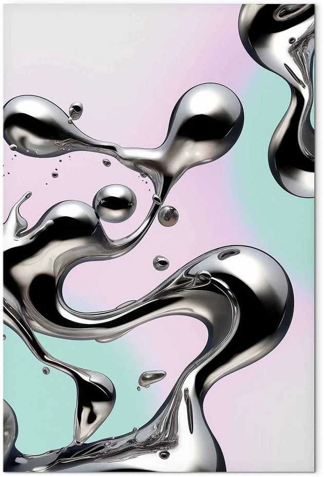Artgeist Paveikslas - Metallic Fluidity - Abstract Sidabrinis Forms on a Mint-Violetinė Background
