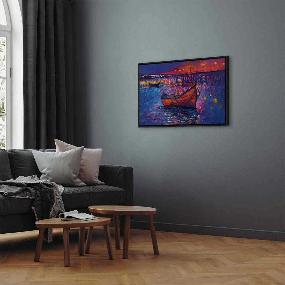 Artgeist Paveikslas - Modern impressionism - night landscape of a lake with a floating boat