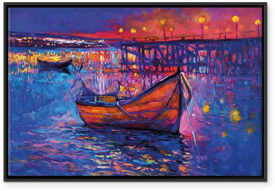 Artgeist Paveikslas - Modern impressionism - night landscape of a lake with a floating boat