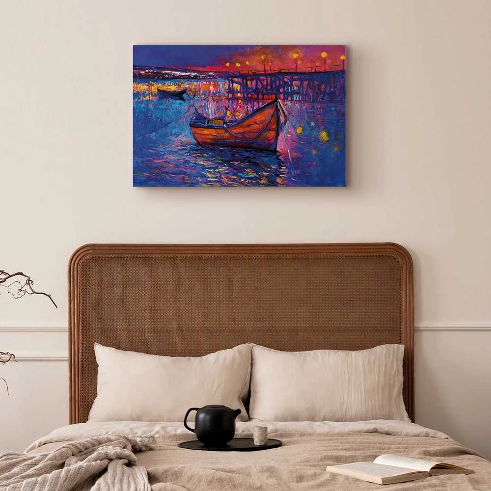 Artgeist Paveikslas - Modern impressionism - night landscape of a lake with a floating boat