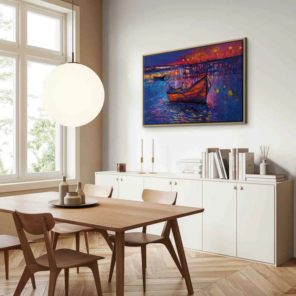 Artgeist Paveikslas - Modern impressionism - night landscape of a lake with a floating boat