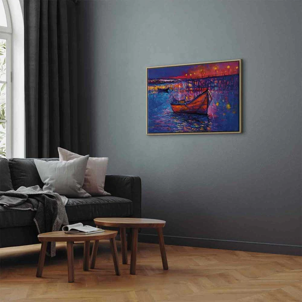 Artgeist Paveikslas - Modern impressionism - night landscape of a lake with a floating boat