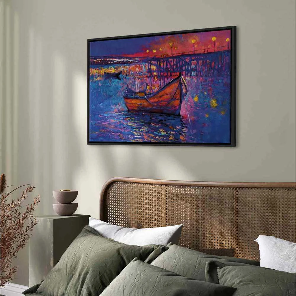 Artgeist Paveikslas - Modern impressionism - night landscape of a lake with a floating boat