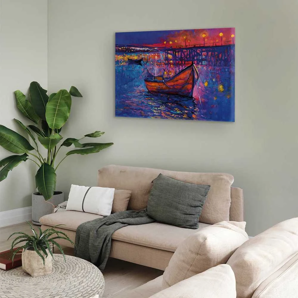 Artgeist Paveikslas - Modern impressionism - night landscape of a lake with a floating boat