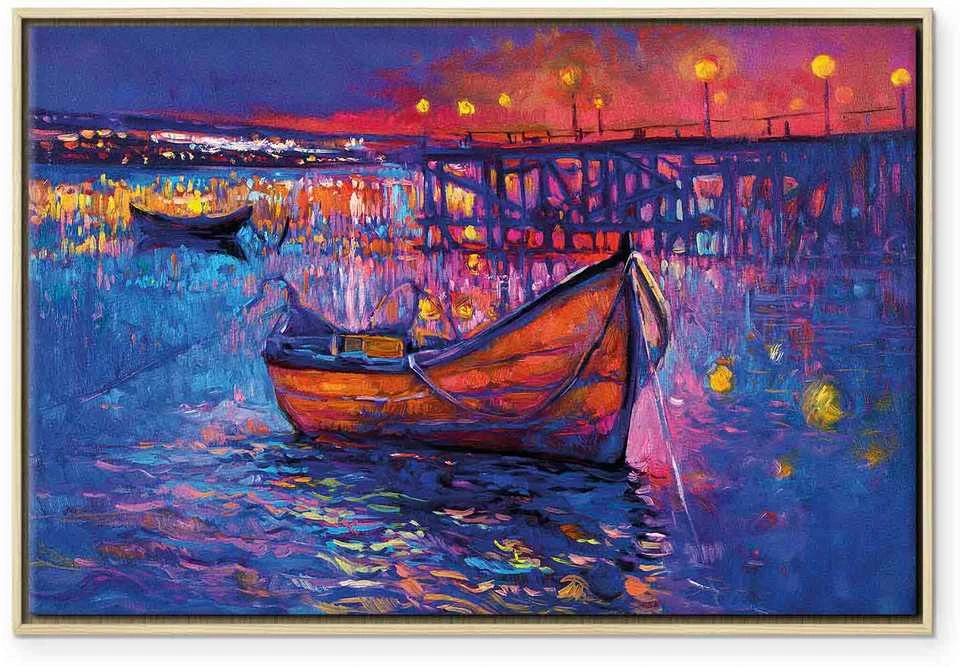Artgeist Paveikslas - Modern impressionism - night landscape of a lake with a floating boat