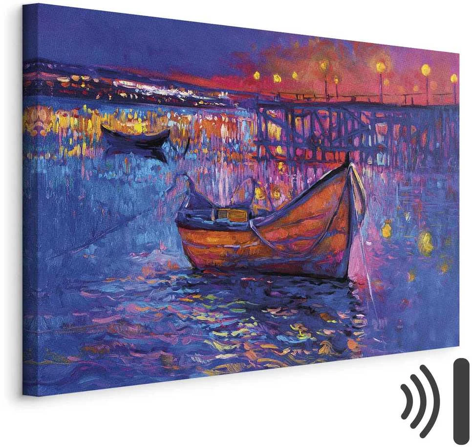 Artgeist Paveikslas - Modern impressionism - night landscape of a lake with a floating boat