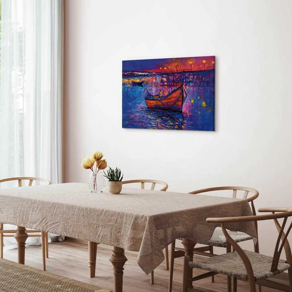 Artgeist Paveikslas - Modern impressionism - night landscape of a lake with a floating boat