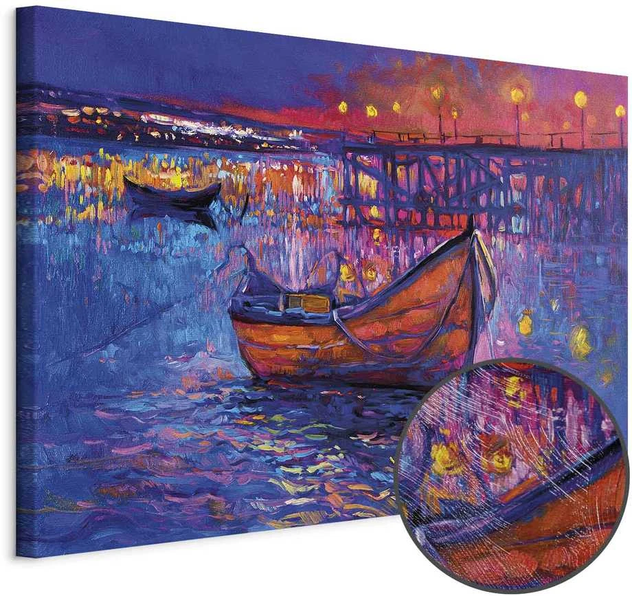 Artgeist Paveikslas - Modern impressionism - night landscape of a lake with a floating boat