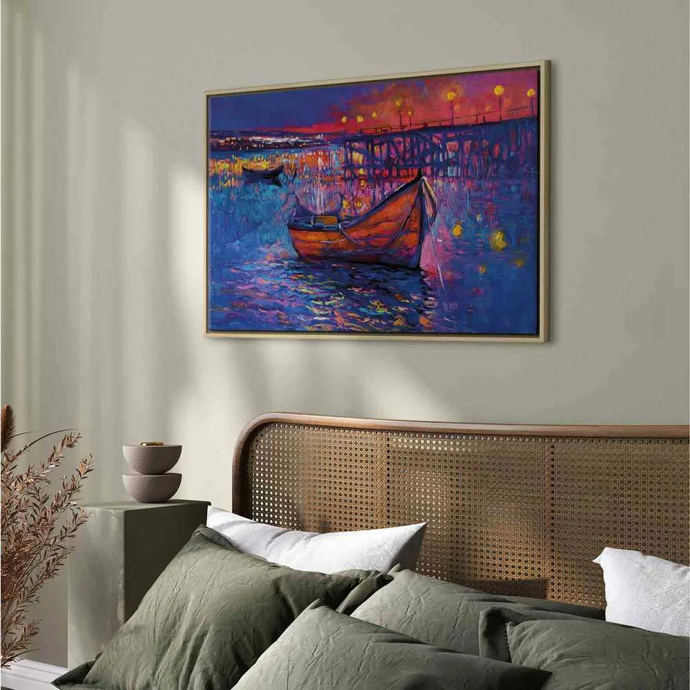 Artgeist Paveikslas - Modern impressionism - night landscape of a lake with a floating boat