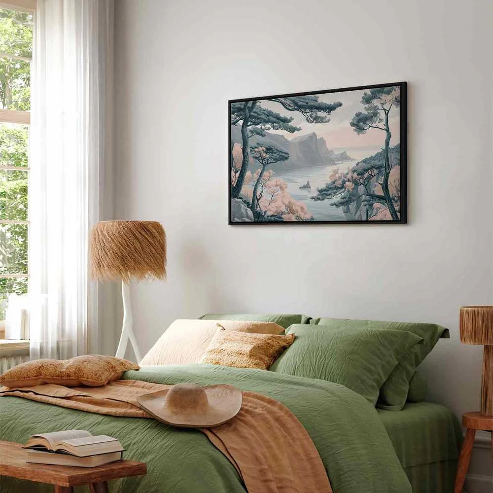 Artgeist Paveikslas - Mountainous Coast with Trees and Rocks in Light Pastel Blues