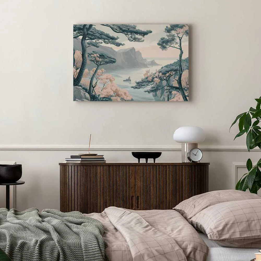 Artgeist Paveikslas - Mountainous Coast with Trees and Rocks in Light Pastel Blues