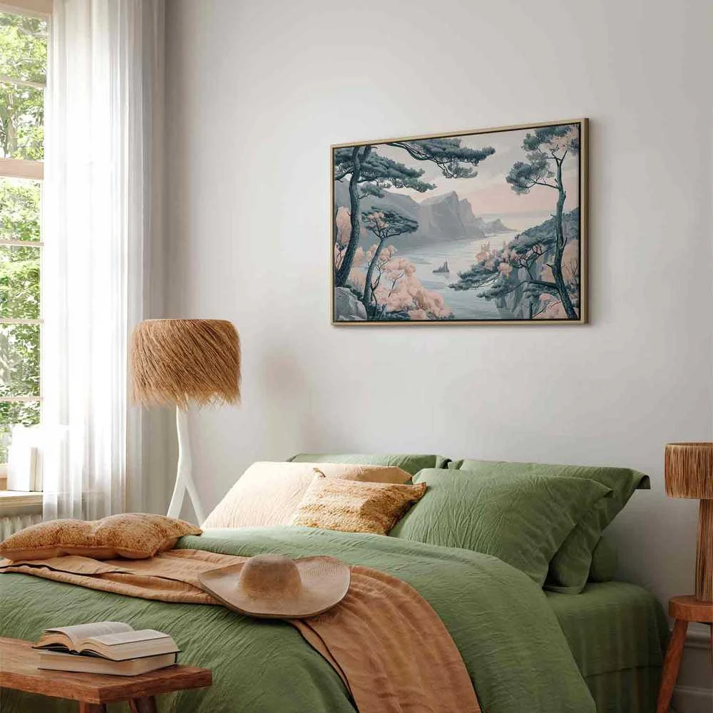 Artgeist Paveikslas - Mountainous Coast with Trees and Rocks in Light Pastel Blues