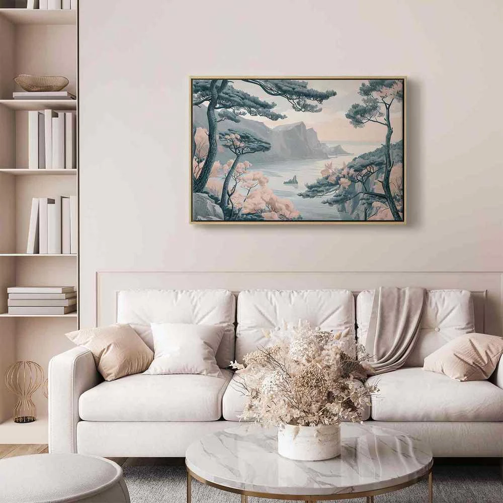 Artgeist Paveikslas - Mountainous Coast with Trees and Rocks in Light Pastel Blues
