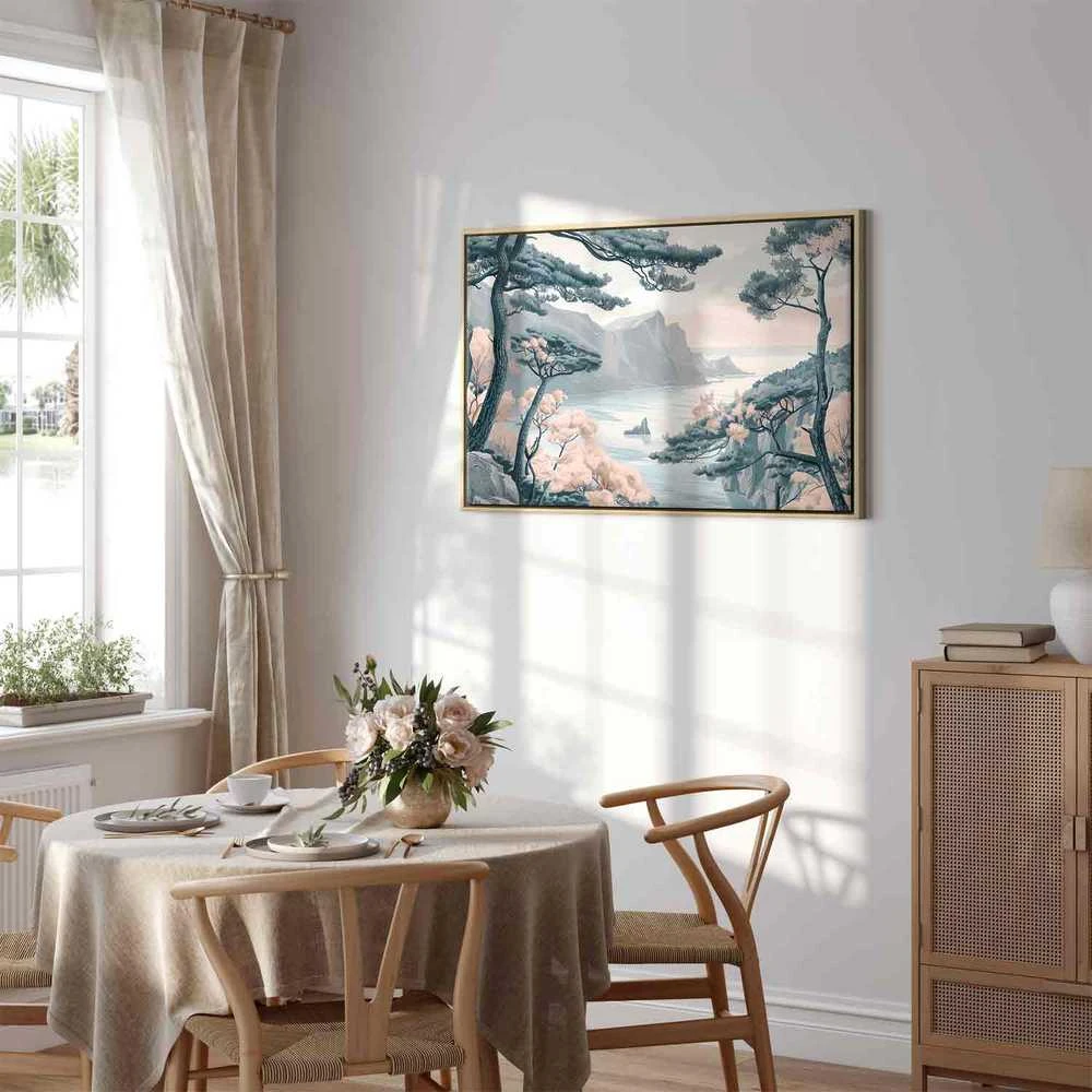Artgeist Paveikslas - Mountainous Coast with Trees and Rocks in Light Pastel Blues