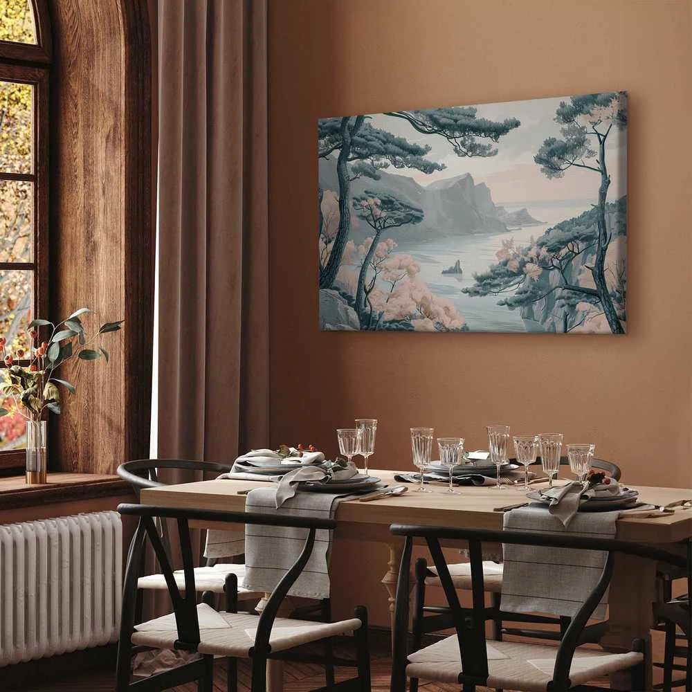 Artgeist Paveikslas - Mountainous Coast with Trees and Rocks in Light Pastel Blues