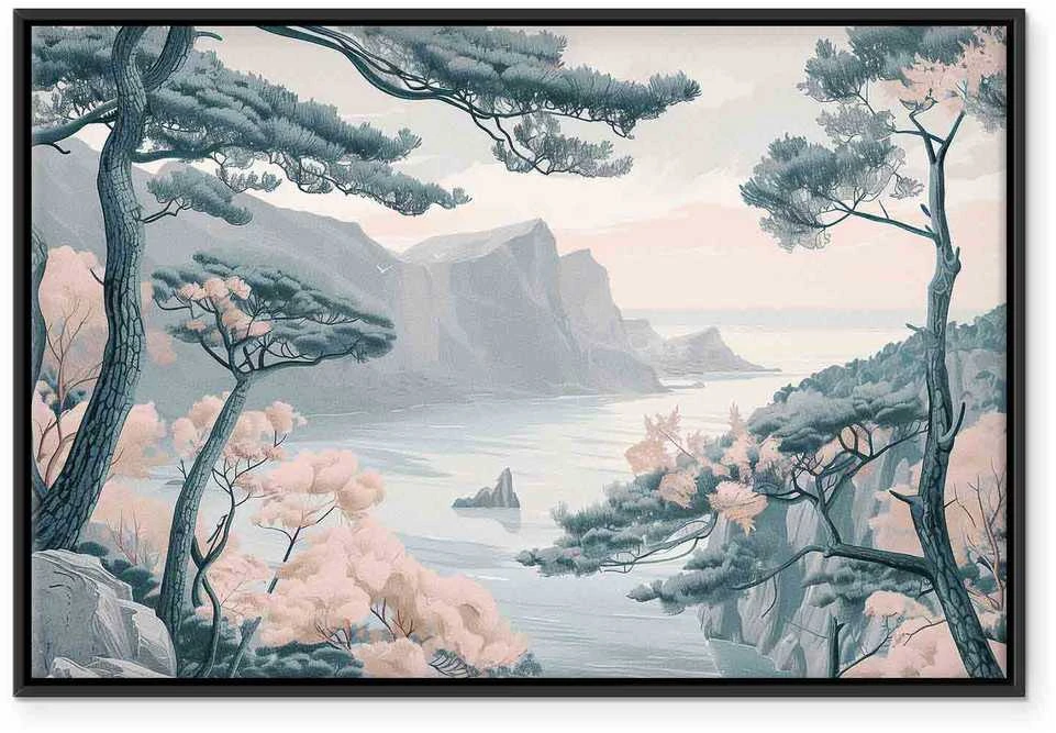 Artgeist Paveikslas - Mountainous Coast with Trees and Rocks in Light Pastel Blues