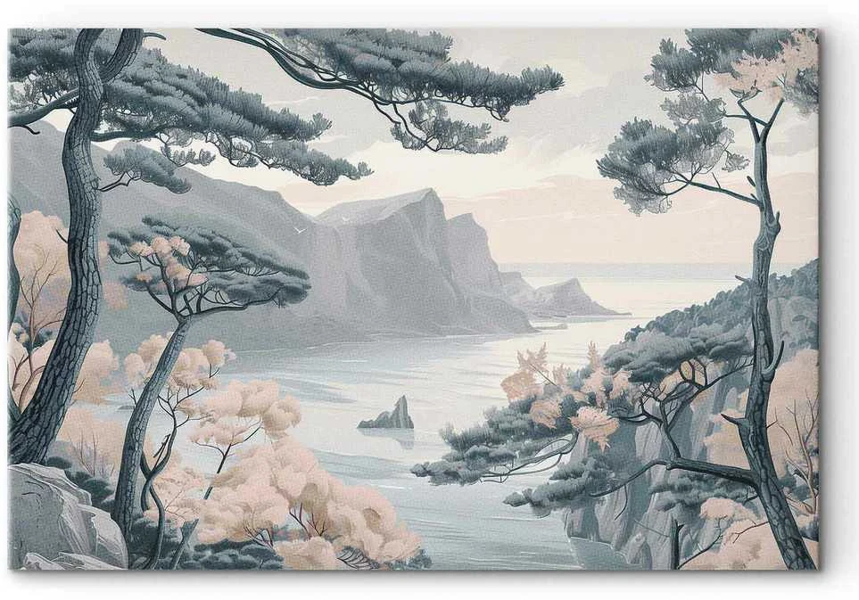 Artgeist Paveikslas - Mountainous Coast with Trees and Rocks in Light Pastel Blues
