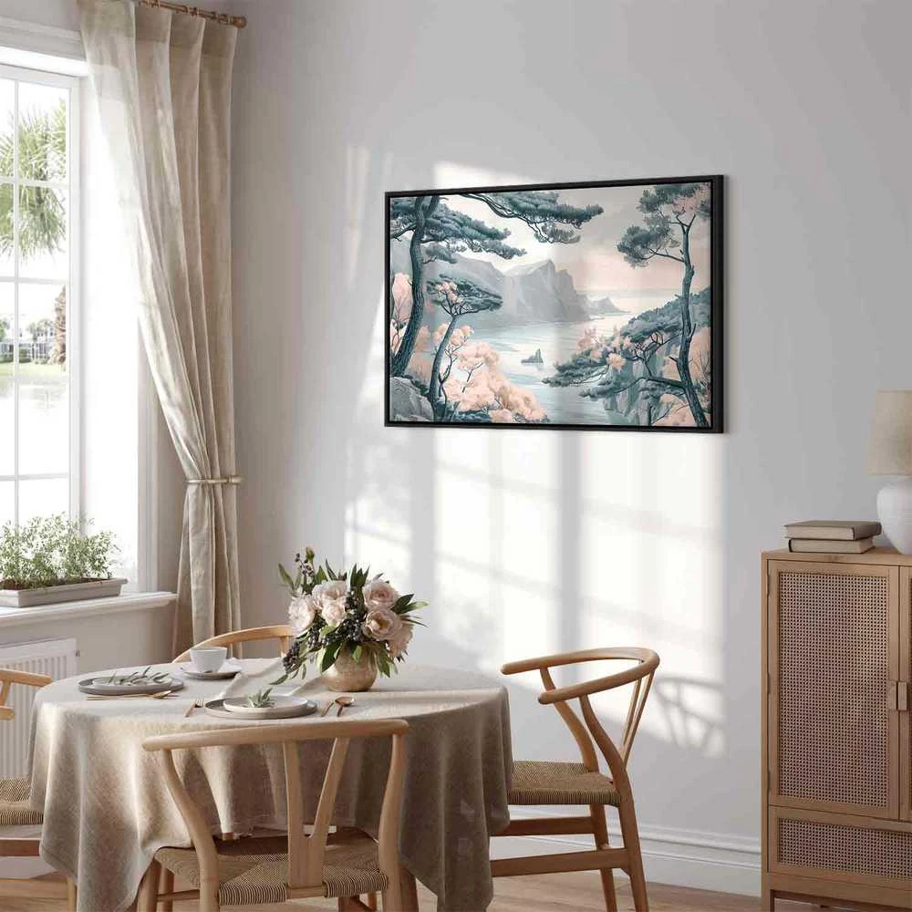 Artgeist Paveikslas - Mountainous Coast with Trees and Rocks in Light Pastel Blues