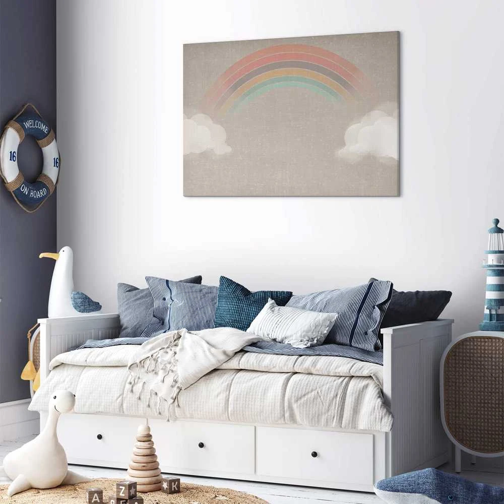 Artgeist Paveikslas - Rainy June - Colorful Rainbow Emerging from Clouds on a Bright Background
