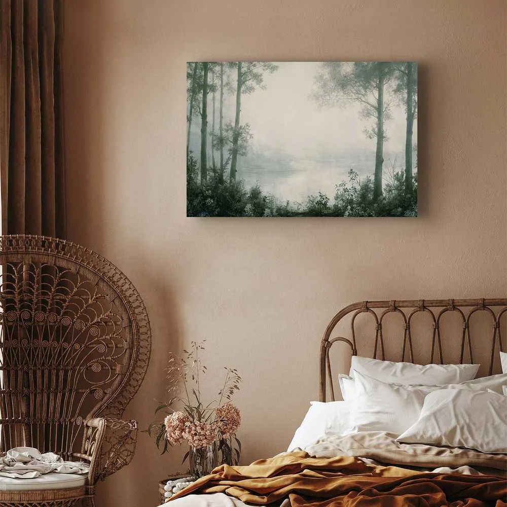 Artgeist Paveikslas - Retro Landscape Grove Trees and Pond in Patinated Shades of Žalias